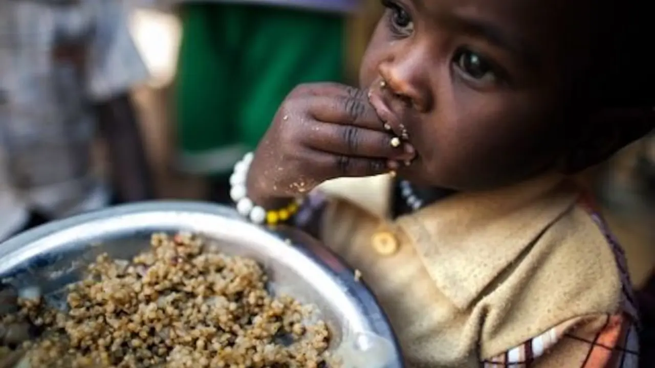 Un niño recibe una raci&oacute;n de comida en un campamento de desplazados en Rwanda. / ONU