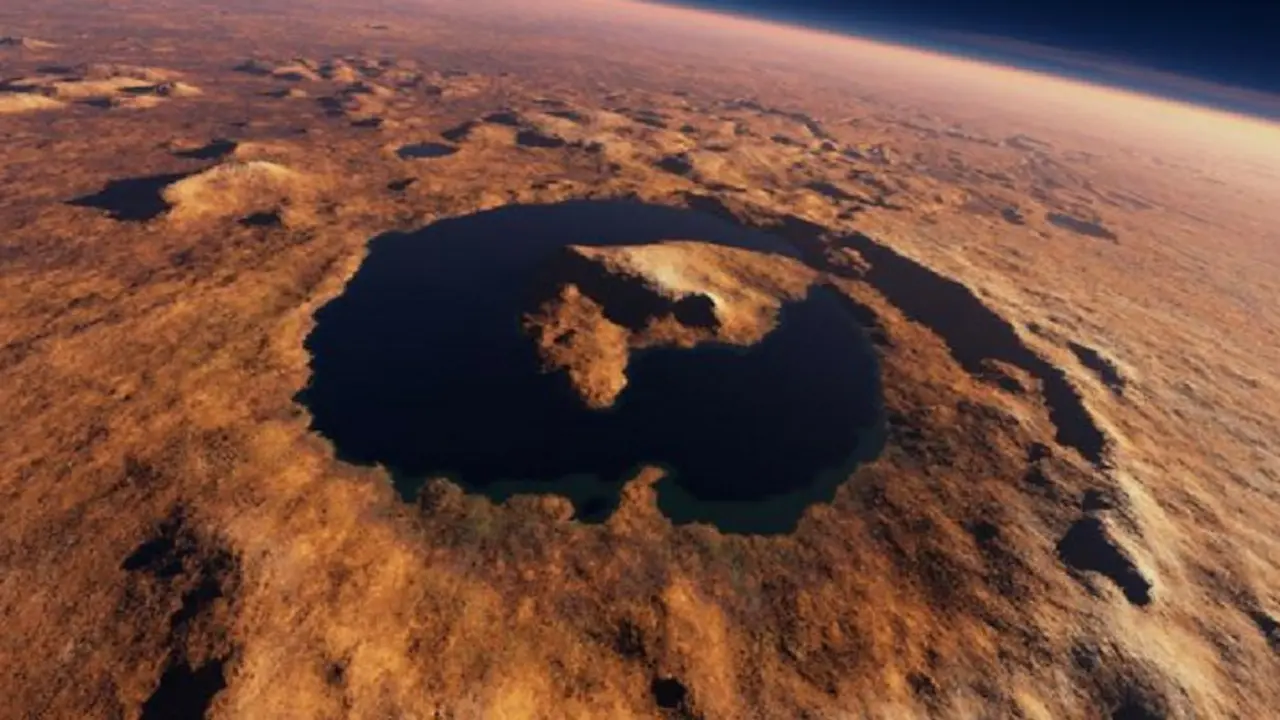 Imagen art&iacute;stica del antiguo lago que se encontraba en el cr&aacute;ter Gale. Centro de Astrobiolog&iacute;a (CAB).