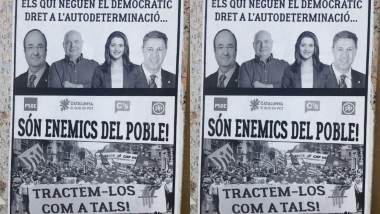 El cartel que ha aparecido en Lleida contra Iceta, Arrimadas, Rabell y Albiol. / EPC