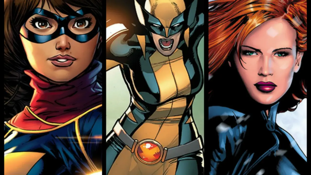 Miss Marvel, X-23 y Viuda Negra, superhero&iacute;nas. Marvel.