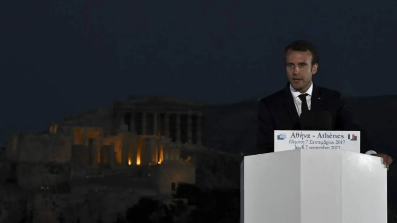 Emmanuel Macron, presidente de Francia, en un discurso desde Atenas. El pa&iacute;s