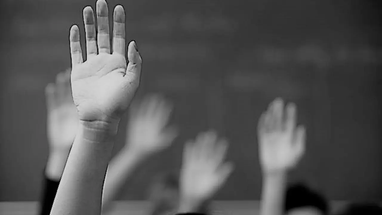 Hands raised in classroom