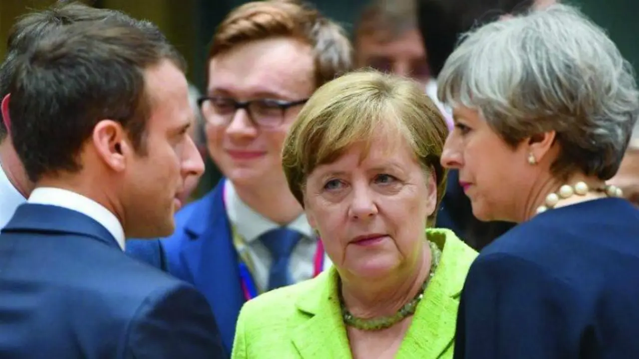 Emmanuel Macron, presidente de Francia; Angela Merkel, canciller alemana y Theresa May, primera ministra brit&aacute;nica.  The Asian Age