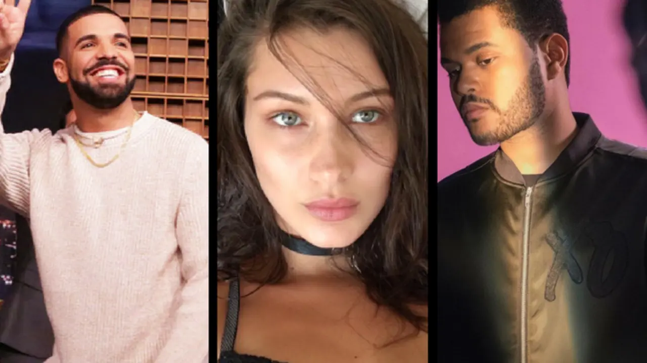 Drake, rapero; Bella Hadid, modelo; y The Weeknd, cantante. Instagram y Billboard.