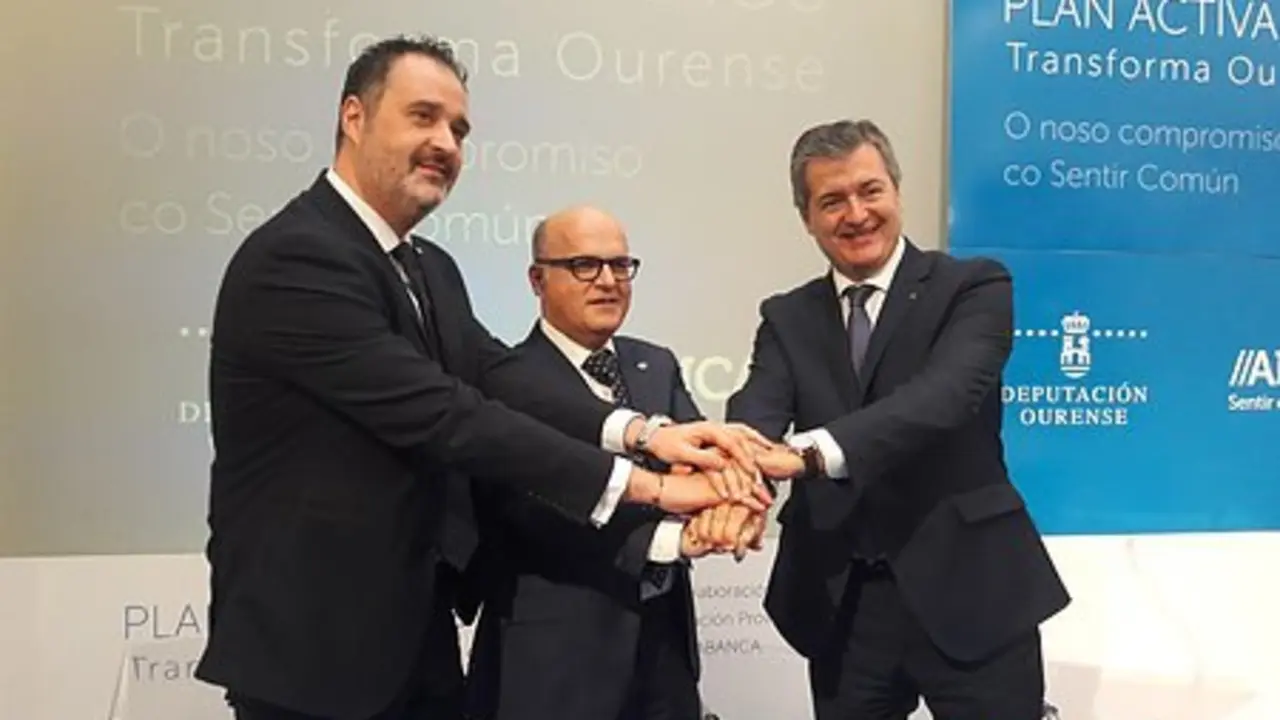 Rubén Saavedra, Manuel Baltar y Santiago Novoa, en la presentación del nuevo Plan Activamos-Transforma Ourense. / Mundiario