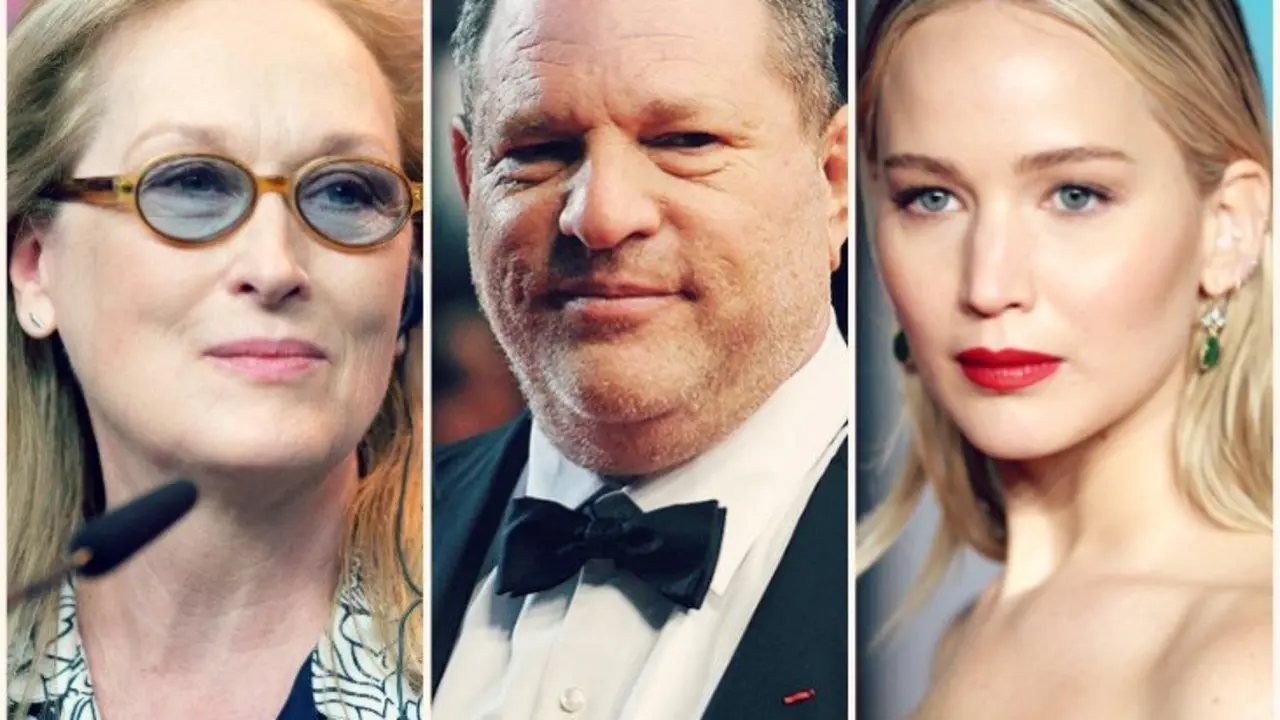 Meryl Streep, actriz; Harvey Weinstein, productor de cine; Jennifer Lawrence, actriz. RR SS