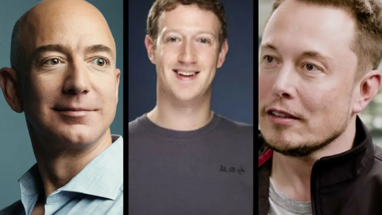 Jeff Bezos, fundador de Amazon; Mark Zuckerberg, fundador de Facebook; y Elon Musk, fundador de PayPal, Tesla y Space X. RR SS.