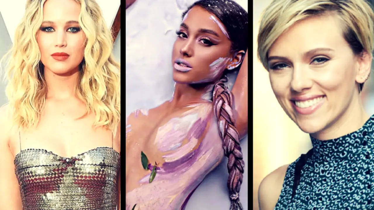 Jennifer Lawrence, actriz; Ariana Grande; y Scarlett Johansson, actriz. RR SS.