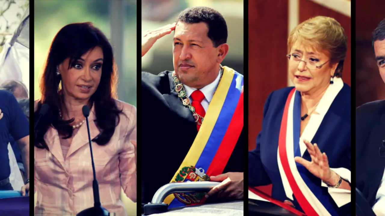 Lula da Silva, expresidente de Brasil; Cristina Fern&aacute;ndes de Kirchner, expresidenta de Argentia; Hugo Ch&aacute;vez, expresidente de Venezuela; Michelle Bachelet, expresidenta de Chile; y Rafael Correa, expresidente de Ecu