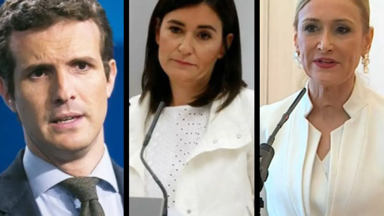 Pablo Casado, l&iacute;der del PP; Carmen Mont&oacute;n, ministra de Sanidad; y Cristina Cifuentes, expresidenta de la Comunidad de Madrid. RR SS.
