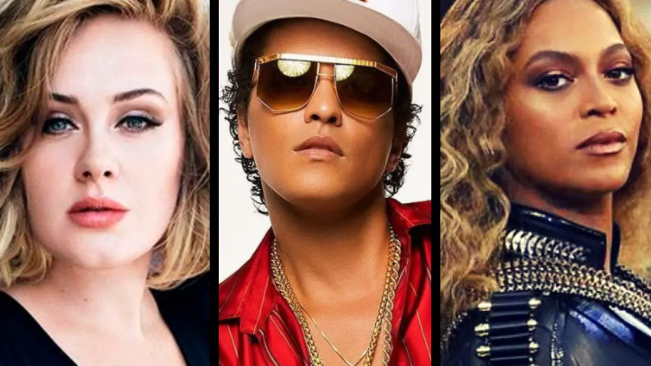 Adele, Bruno Mars y Beyonc&eacute;, tres de los cantantes m&aacute;s influyentes del mundo. RR SS.