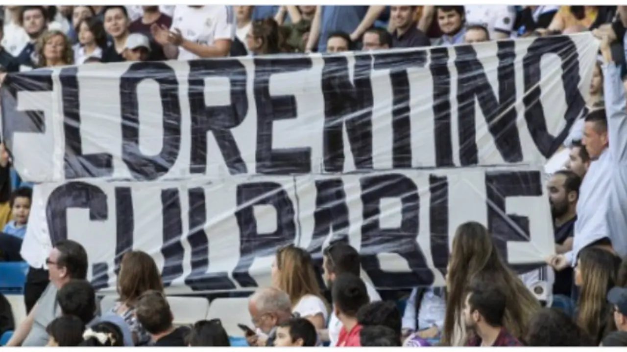 Florentino culpable, pancarta retirada del Santiago Bernab&eacute;u. / RR SS.