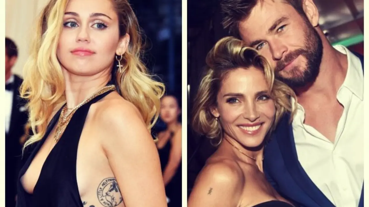 Miley Cyrus, cantante; Elsa Pataky y Chris Hemsworth, actores. RR SS