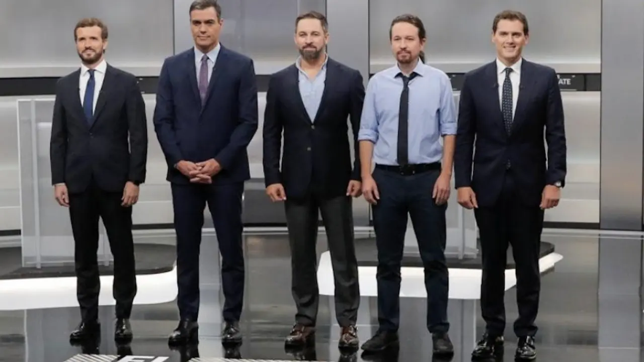 Pablo Casado (PP), Pedro Sánchez (PSOE), Santiago Abascal (Vox), Pablo Iglesias (Podemos), Albert Rivera (Cs). / TW