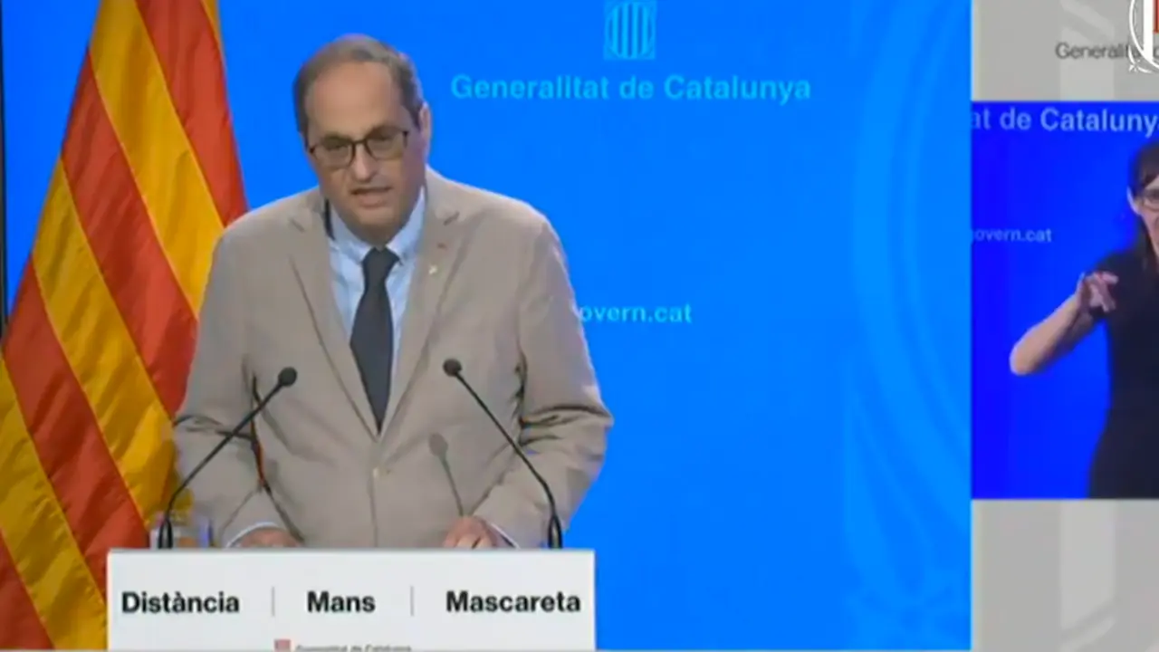 Quim Torra durante el anuncio del confinamiento. / TW @QuimTorraiPla