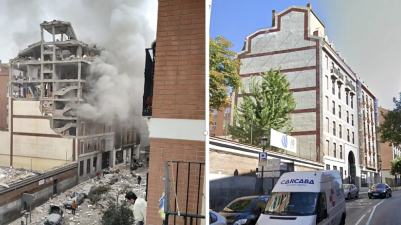 Así quedó y así era el edificio de la calle Toledo de Madrid donde se produjo la explosión. / @leireariz en Twitter & Google