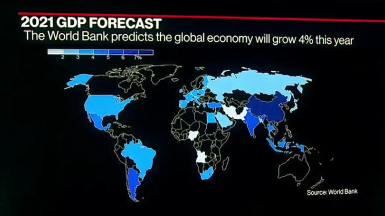 Mapa del crecimiento econ&oacute;mico mundial en 2021. / Banco Mundial, Bloomberg