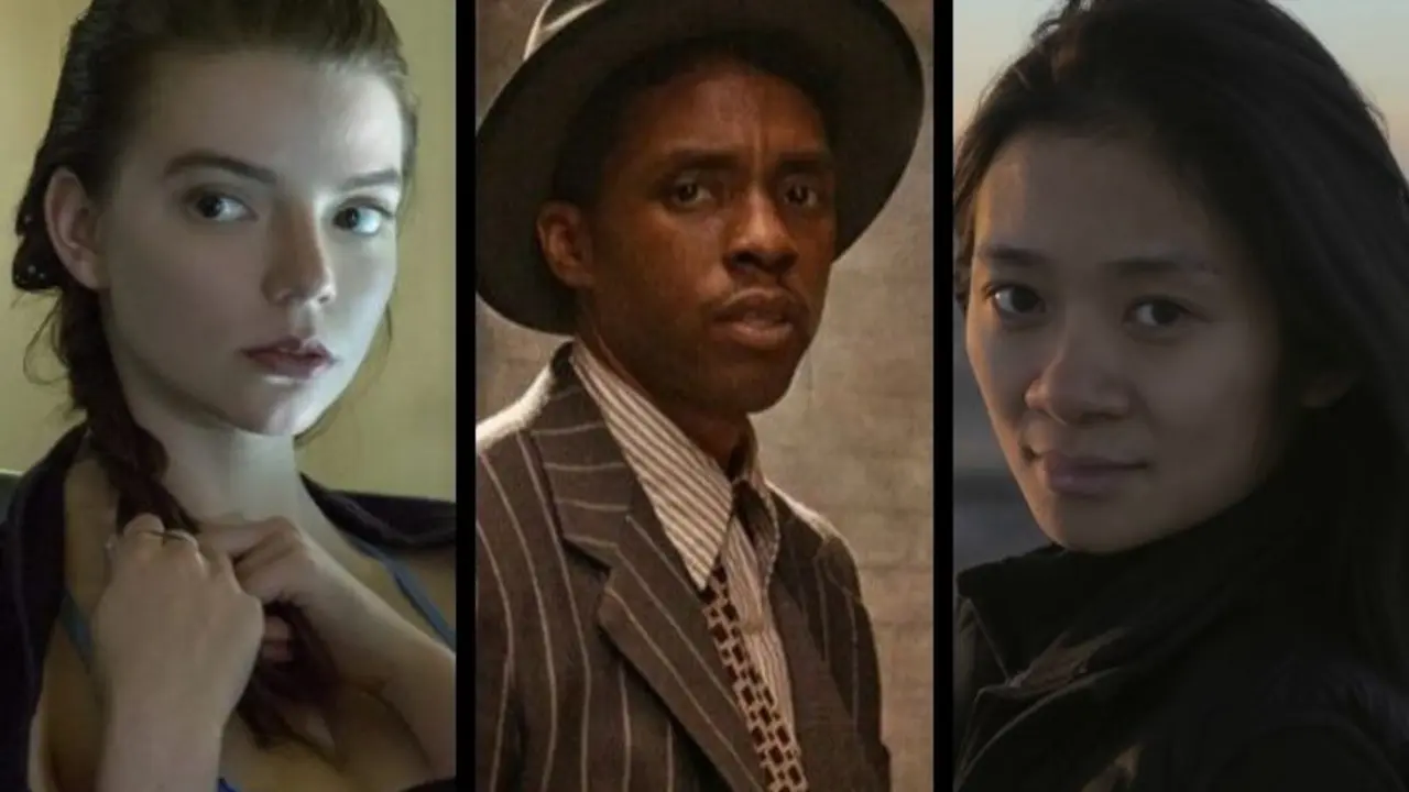 Anya Taylor-Joy, actriz; y Chadwick Boseman, actor; Chlo&eacute; Zhao, directora. RR SS.