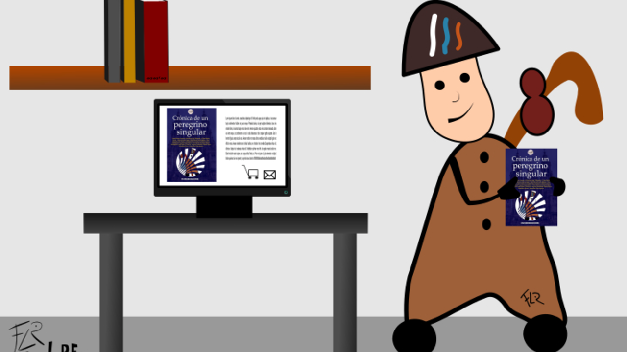 Vi&ntilde;eta de FrAn LaREo en la que el Peregrino de MUNDIARIO tiene en su mano el libro Cr&oacute;nica de un peregrino singular, de Mundiediciones. / Mundiario