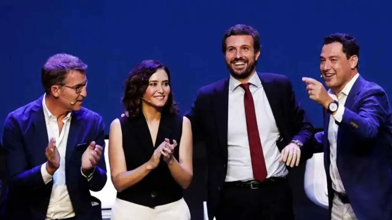 Alberto N&uacute;&ntilde;ez Feijoo, Isabel D&iacute;az Ayuso, Pablo Casado y Juanma Moreno, en la convenci&oacute;n nacional del PP en Valencia. / Twitter