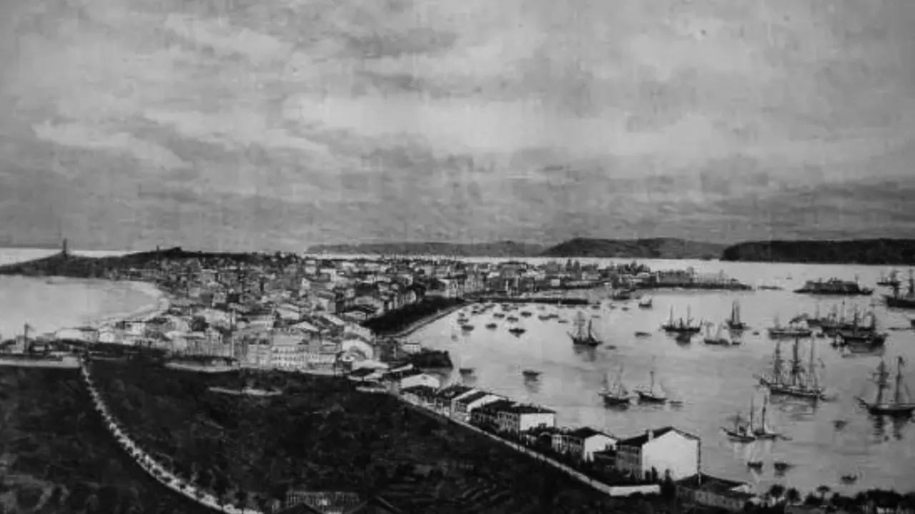 Vista de A Coru&ntilde;a y su fondeadero. Antonio de Caula y Concejo, 1891.