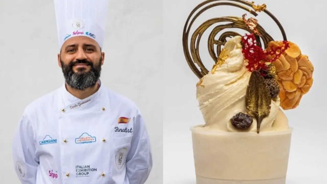 El espa&ntilde;ol Carlo Guerriero de la helader&iacute;a de C&aacute;diz La Cremer&iacute;a, gana el segundo lugar como el mejor helado 
 del mundo con el sabor &ldquo;Cremoso al Vino Oloroso &sup2;&rdquo;. / Carpigiani.com.