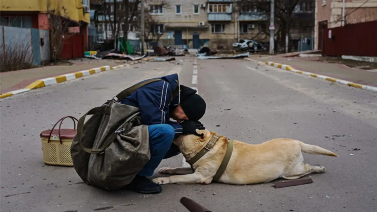 Un hombre consuela a un perro asustado en la calle. / @yamphoto en Twitter.
