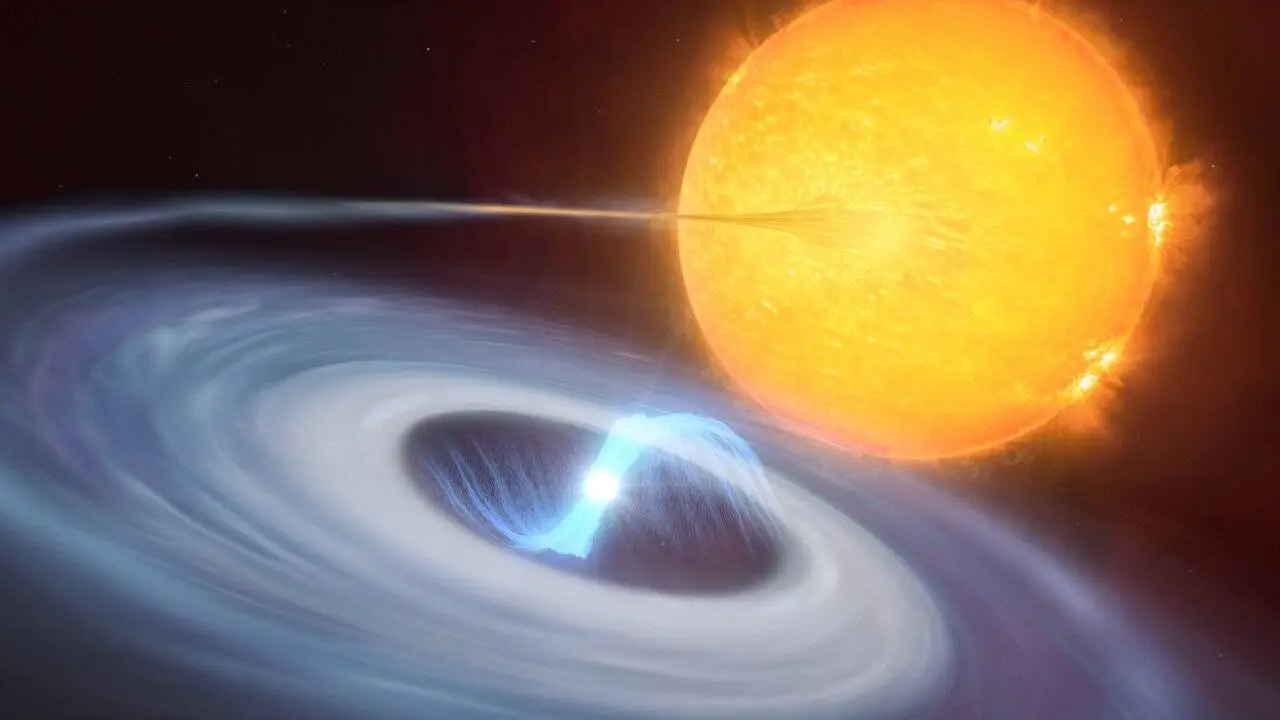 Representaci&oacute;n art&iacute;stica de un sistema de dos estrellas, donde la enana blanca roba material de su compa&ntilde;era. / ESO