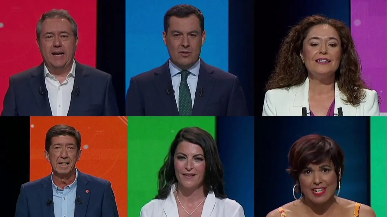 Los candidatos a la presidencia de Andalucía plantean sus principales objetivos en su primer minuto en el debate a seis. / TVE