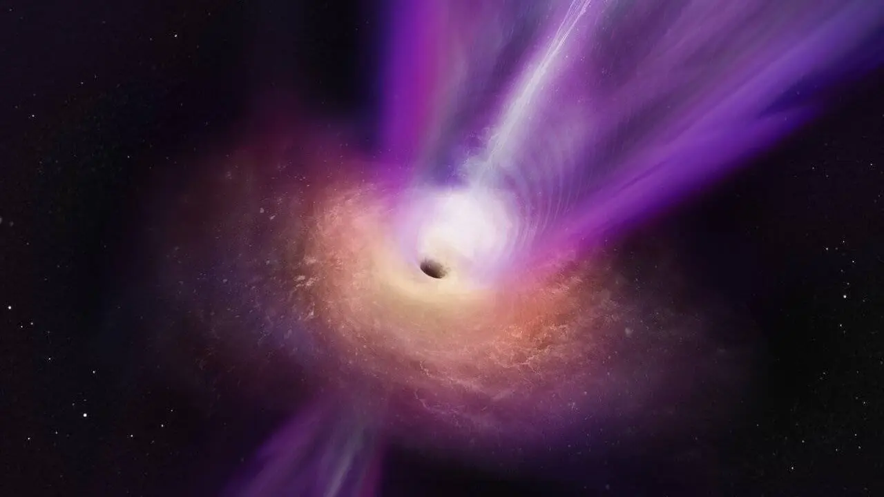 Ilustraci&oacute;n del chorro de materia del agujero negro de la galaxia Messier 87. / SINC