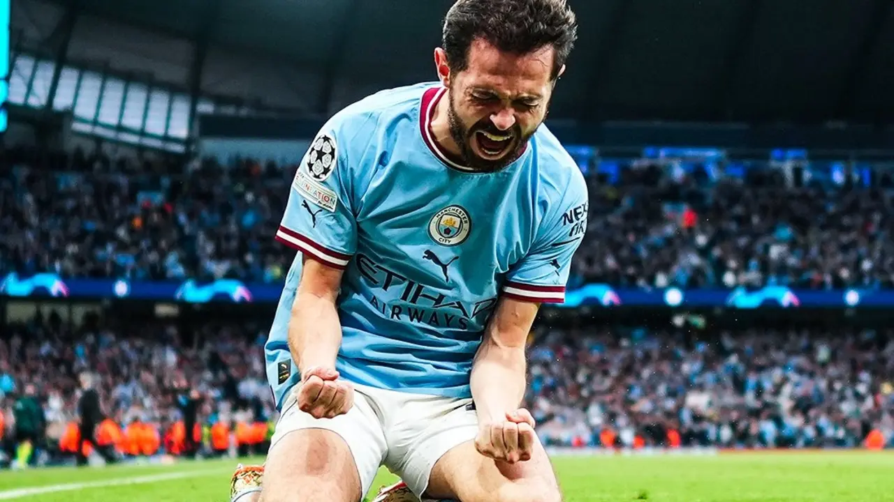 Bernardo Silva, celebra a lo grande uno de sus goles ante el Real Madrid. @ChampionsLeague