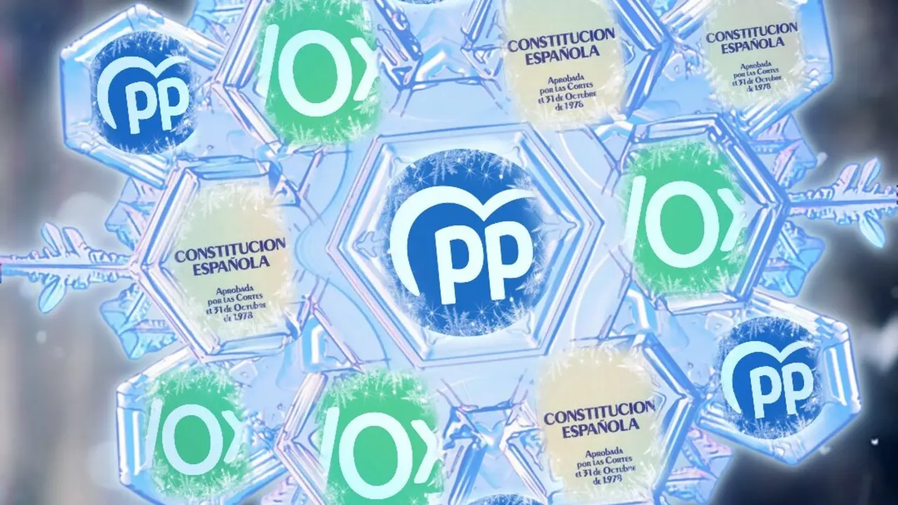 La Constitución de 1978 junto a los logos del PP y de Vox. / Mundiario