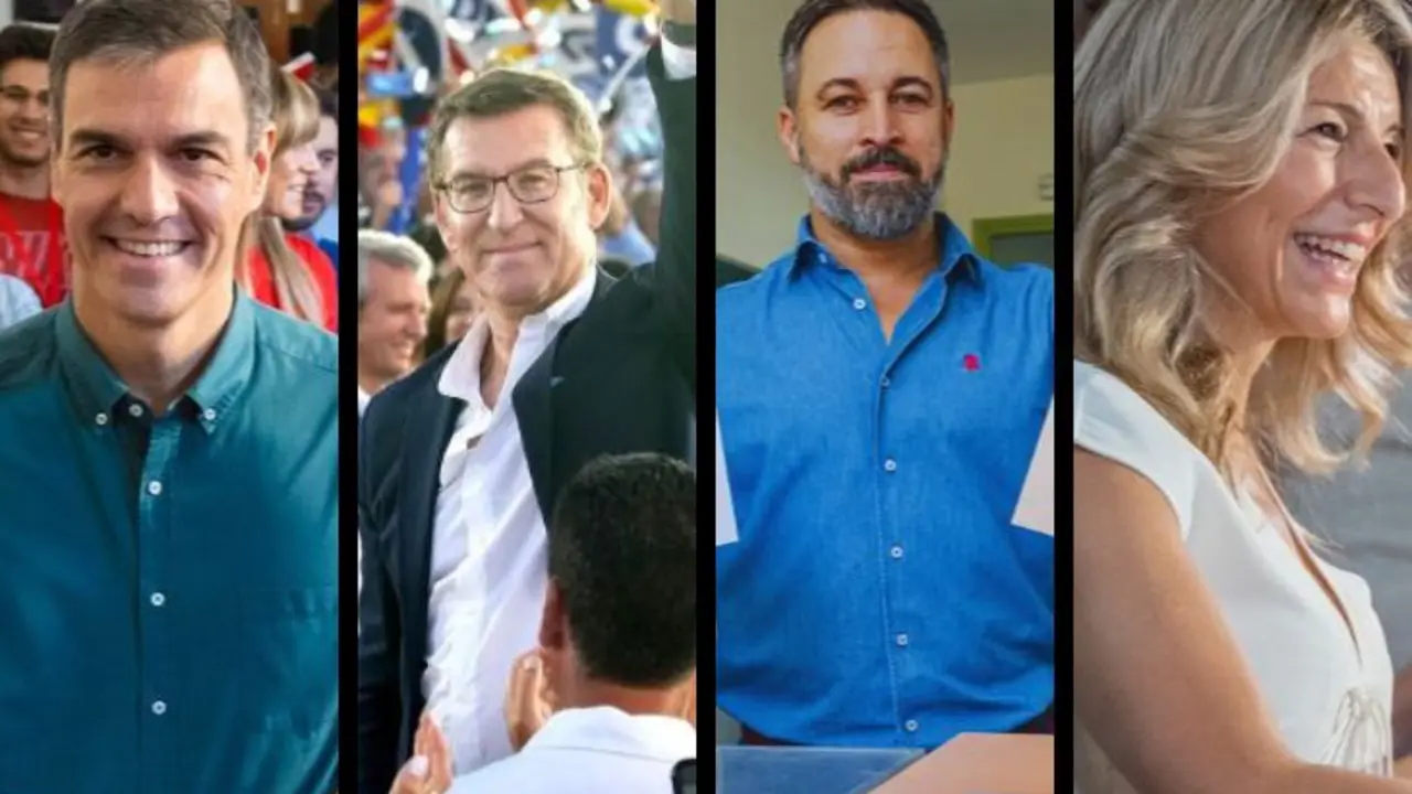 Pedro S&aacute;nchez, l&iacute;der del PSOE; Alberto N&uacute;&ntilde;ez Feij&oacute;o, l&iacute;der del PP; Santiago Abascal, l&iacute;der de Vox; y Yolanda D&iacute;az, l&iacute;der de Sumar. / Twitter.