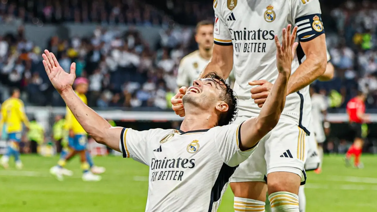 Brahim D&iacute;az celebra su primer gol en el regreso al Real Madrid. @realmadrid