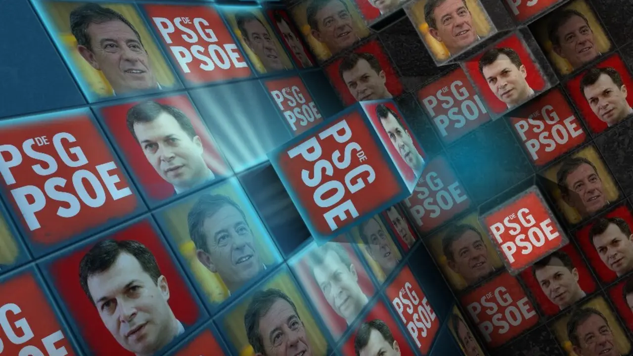 Gonzalo Caballero y Jos&eacute; Ram&oacute;n G&oacute;mez Besteiro junto al logo del PSdeG - PSOE. / Mundiario