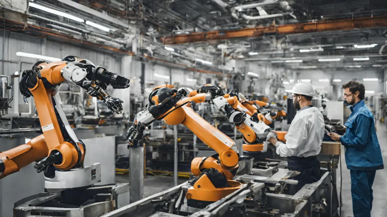 Trabajadores en una industria robotizada. / Mundiario