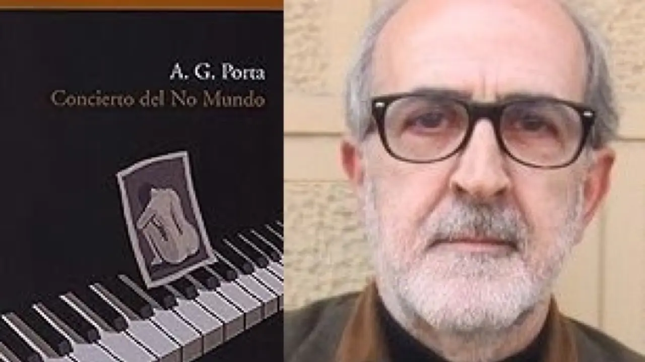 Portada de la novela Concierto del No Mundo, y retrato de su autor