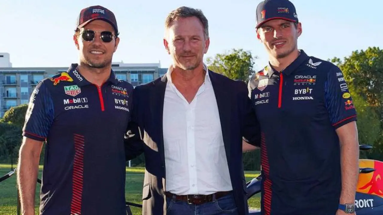 Max Verstappen, Christian Horner y Checo P&eacute;rez. / @christianhorner