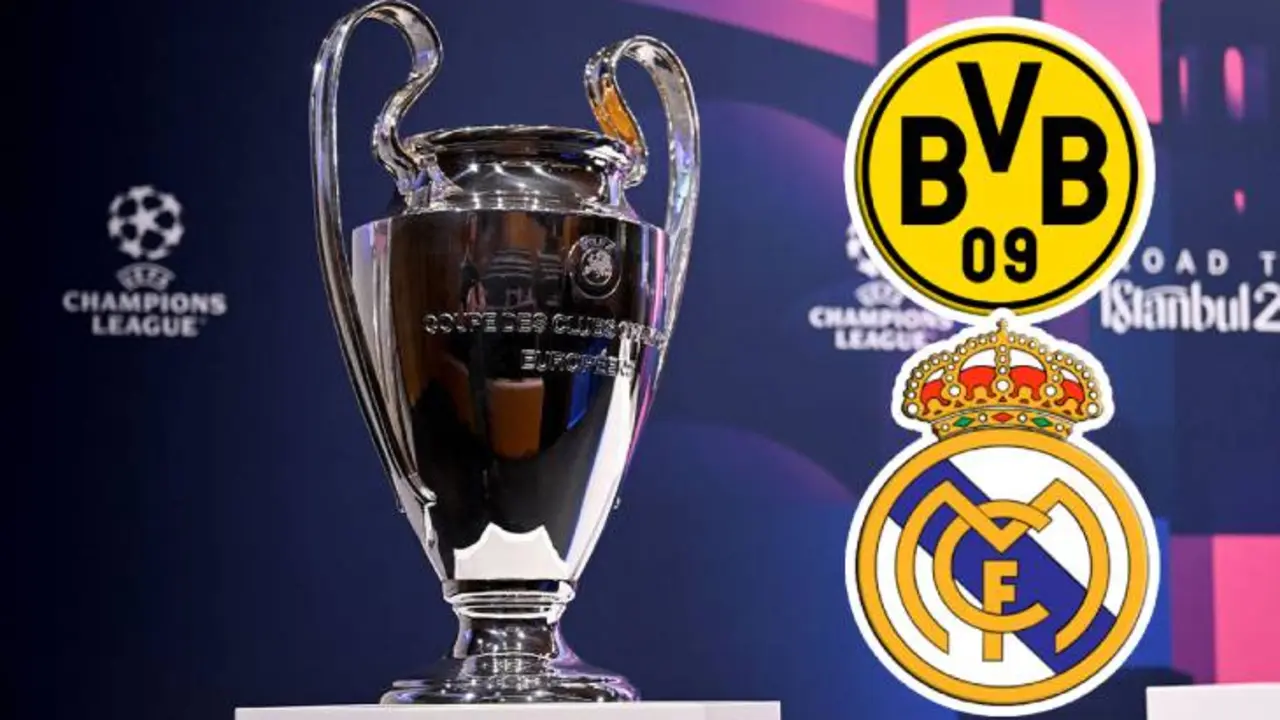 El trofeo de la Champions League junto a los escudos de los finalistas. / Composici&oacute;n