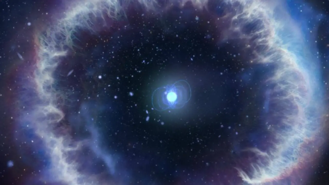 Representaci&oacute;n art&iacute;stica de un magnetar y r&aacute;fagas r&aacute;pidas de radio (FRB). / SINC