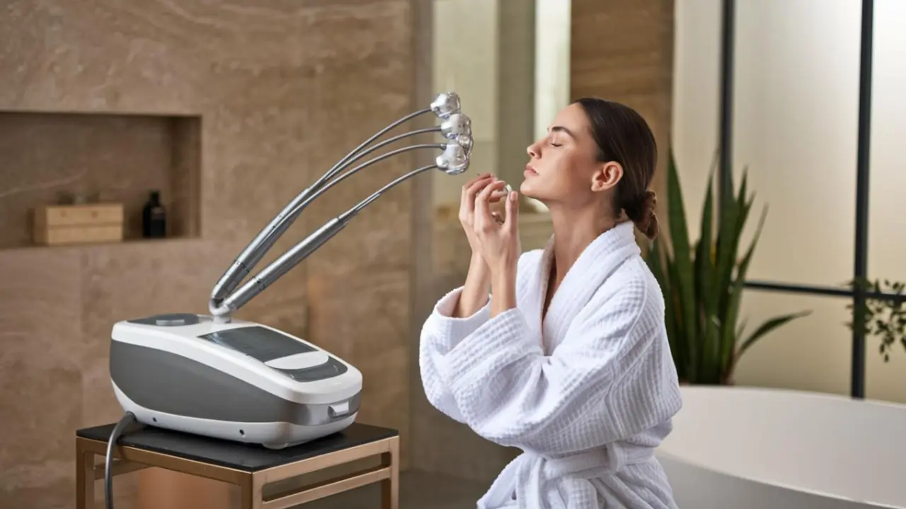 Una mujer usa un dispositivo de radiofrecuencia de alta tecnolog&iacute;a para reafirmar la piel en su rostro. / Z.B.