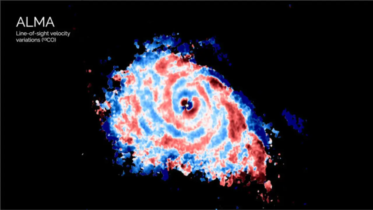 Las variaciones de velocidad en el disco de AB Aurigae. /ALMA (ESO/NAOJ/NSF NRAO), VLT/SPHERE (ESO), Speedie.
