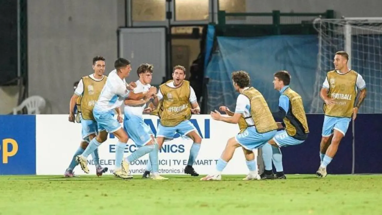 Los futbolistas de San Marino celebrando el triunfo ante Liechtenstein  en la Nations League. /  @sanmarinoteam