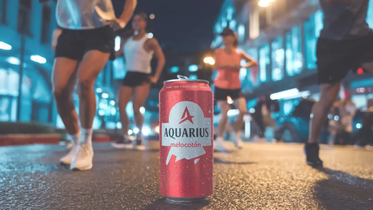 Gente haciendo ejercicio por la noche, con un bote de Aquarius en primer plano. /L.S.
