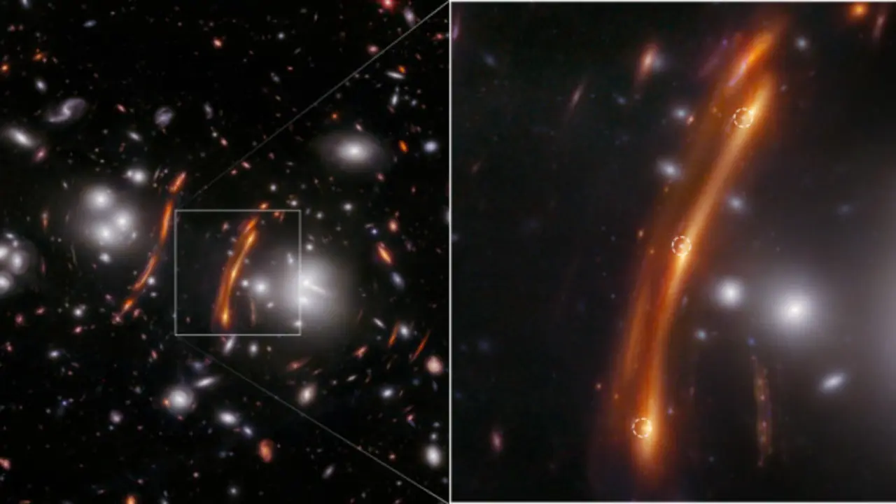 Captura de la NIRCam del James Webb al c&uacute;mulo de galaxias PLCK G165.7+67.0. A la derechase muestra la supernova triplicada. / NASA