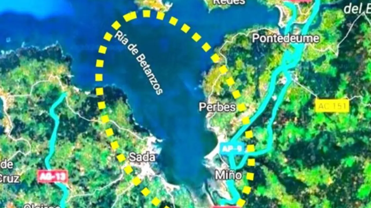 Localizaci&oacute;n del trabajo con los alemanes. Se llev&oacute; a cabo, a bordo de una balsa, en la zona de la r&iacute;a marcada en amarillo sobre la captura de pantalla. / Google Maps.