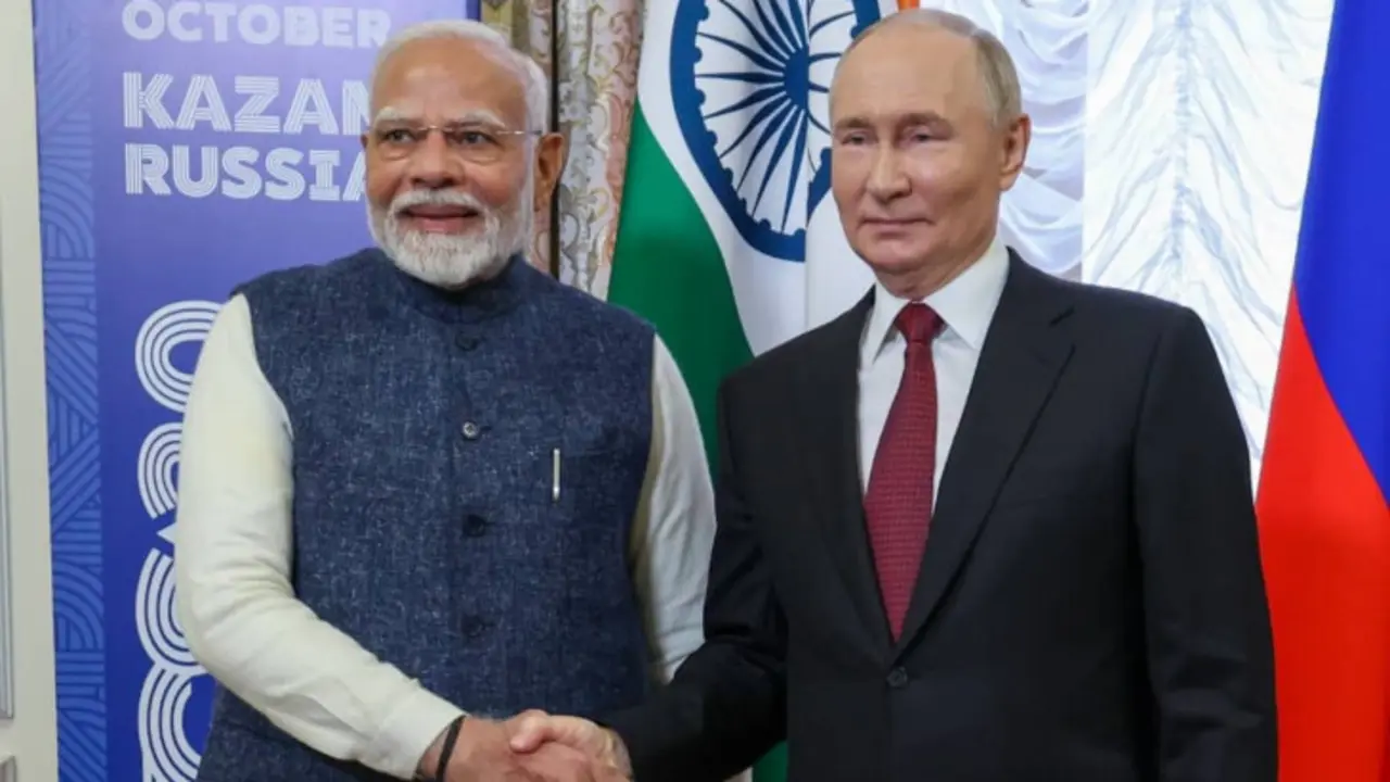 El primer ministro indio, Narendra Modi y el presidente de Rusia, Vlad&iacute;mir Putin en los BRICS. / @narendramodi