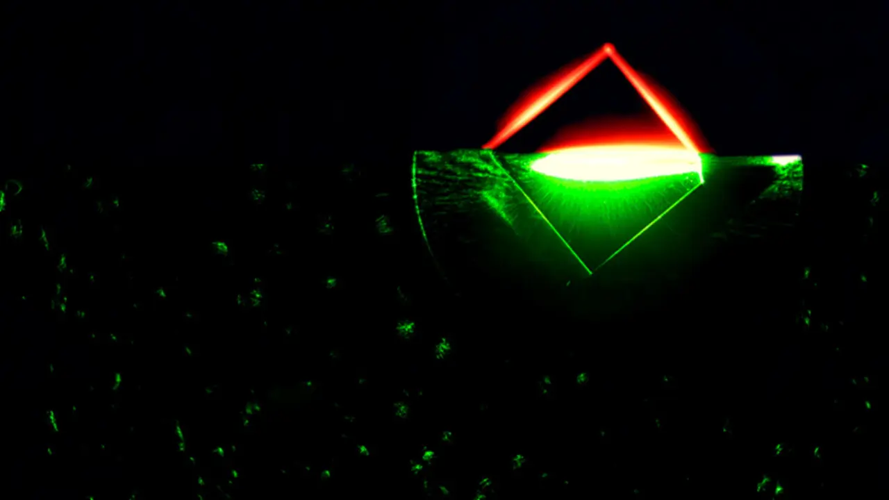 Cuando un l&aacute;ser verde brilla sobre un tipo especial de diamante con defectos a escala at&oacute;mica, puede hacer que adquiera una fluorescencia roja. Este proceso se muestra en esta fotograf&iacute;a de una muestra de diamante cu&aacute;ntico cuando fue impactada por la luz de un puntero l&aacute;ser verde, con un filtro de luz roja agregado a la mitad de la muestra para revelar la fluorescencia roja. / Michael Livingston - PPPL Communications Department