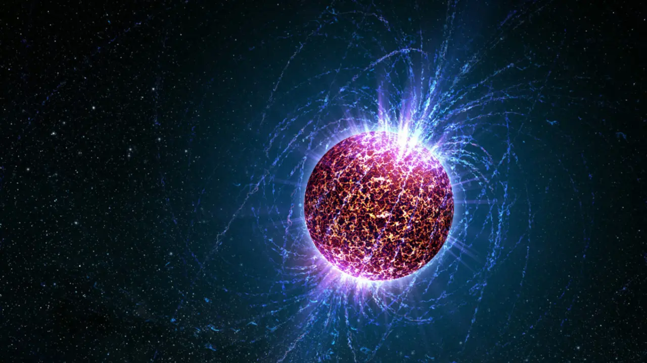 Concepto art&iacute;stico de una estrella de neutrones altamente magnetizada. Seg&uacute;n la teor&iacute;a actual, los axiones se crear&iacute;an en el interior caliente de la estrella de neutrones. / Casey Reed - Penn State - Universidad de California, Berkeley