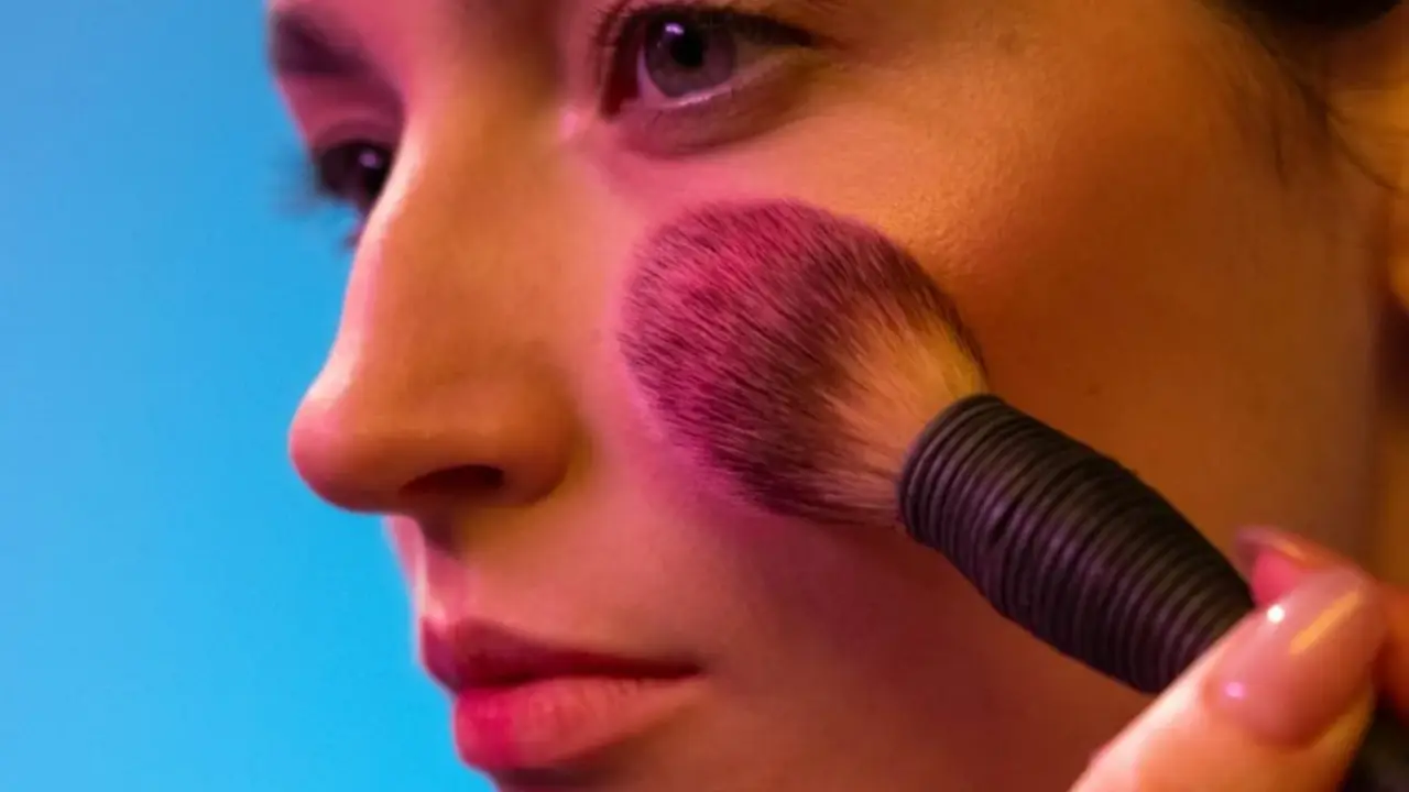 Mujer con blush y brocha de maquillaje ancha.